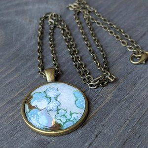Glass Dome Cabochon Necklace with Blue & White Plum Blossom Chiyogami Paper